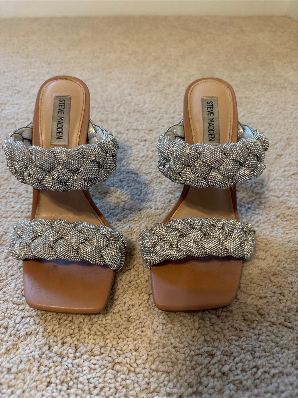 Steve Madden Crystal Braided Double-Strap High Heel Sandals - Silver/Tan - Picture 7 of 7